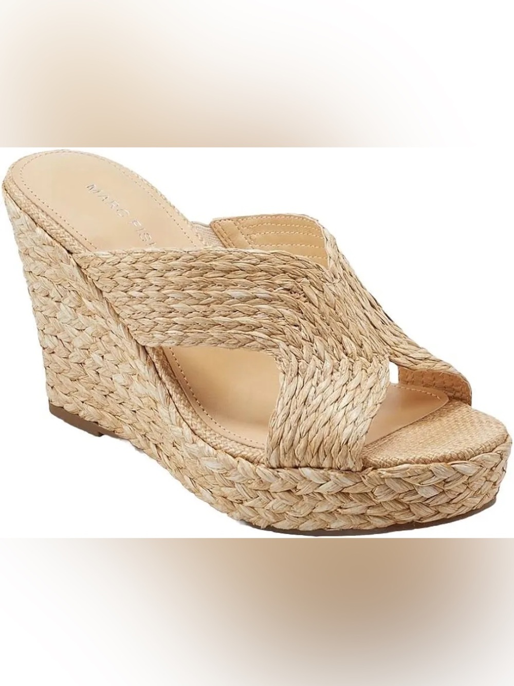 NEW Marc Fisher Kalisha Raffia Wedge Espadrille Slide Sandal Natural Size 9 NWOB